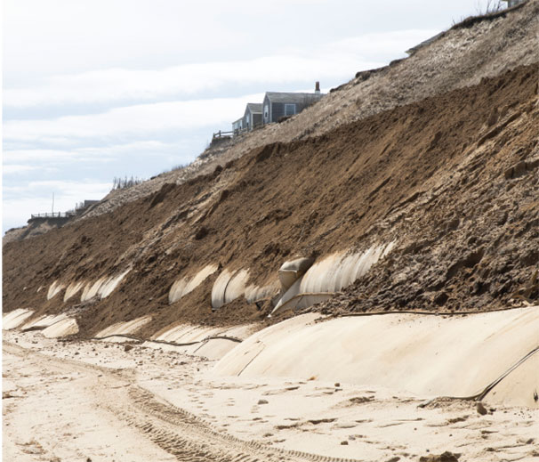 Geotubes at the toe of the bluff lie exposed in late March of this year.